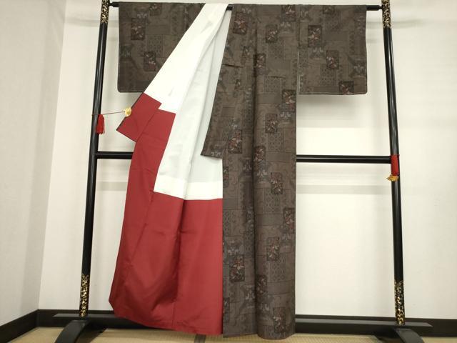 平和屋着物●上質な紬　短冊花文　正絹　逸品　AABE0255ck