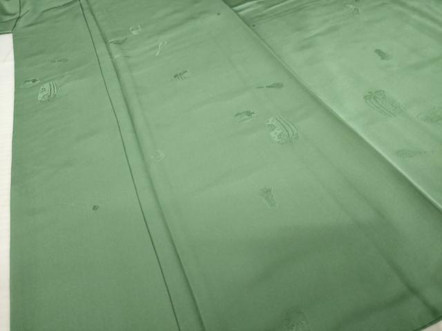 平和屋着物●上質な色無地　仕覆　器物文　老竹色　正絹　逸品　AABE0277ck