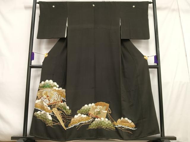 平和屋着物■豪華黒留袖　駒刺繍　檜扇鳳凰松文　金銀糸　金彩　正絹　逸品　AABE0407oa