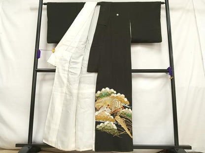 平和屋着物■豪華黒留袖　駒刺繍　檜扇鳳凰松文　金銀糸　金彩　正絹　逸品　AABE0407oa