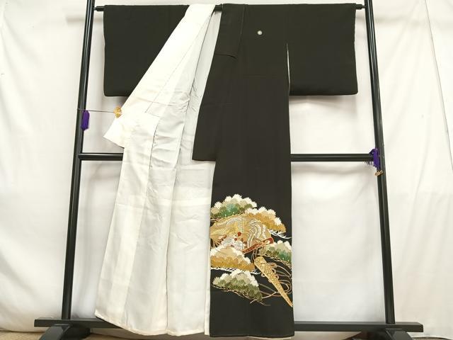 平和屋着物■豪華黒留袖　駒刺繍　檜扇鳳凰松文　金銀糸　金彩　正絹　逸品　AABE0407oa