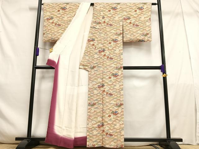 平和屋着物■上質な小紋　鴛鴦花文　鬼しぼ縮緬　正絹　逸品　AABE0505oa