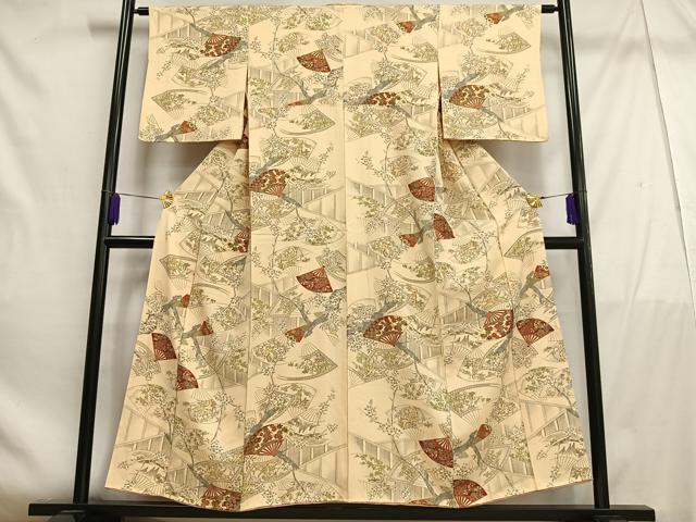 平和屋着物■上質な小紋　扇面草花文　金彩　正絹　逸品　AABE0506oa