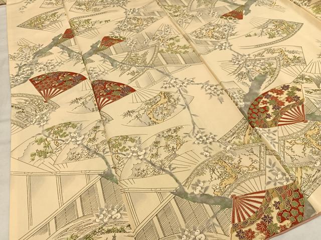 平和屋着物■上質な小紋　扇面草花文　金彩　正絹　逸品　AABE0506oa