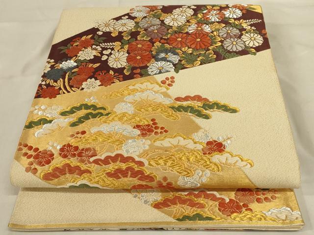 平和屋着物◎六通柄袋帯 唐織 切嵌花松文 金銀糸 正絹 逸品 AABE0521ou
