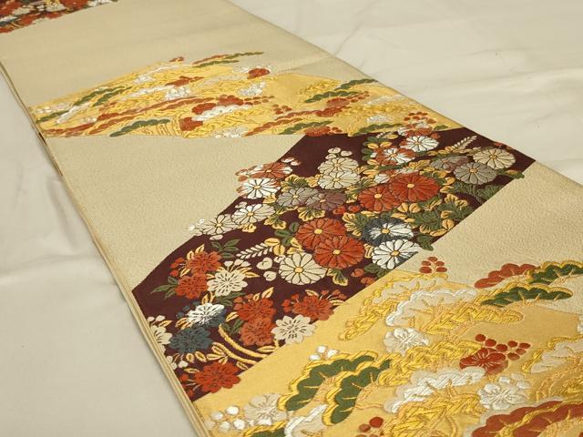 平和屋着物◎六通柄袋帯 唐織 切嵌花松文 金銀糸 正絹 逸品 AABE0521ou