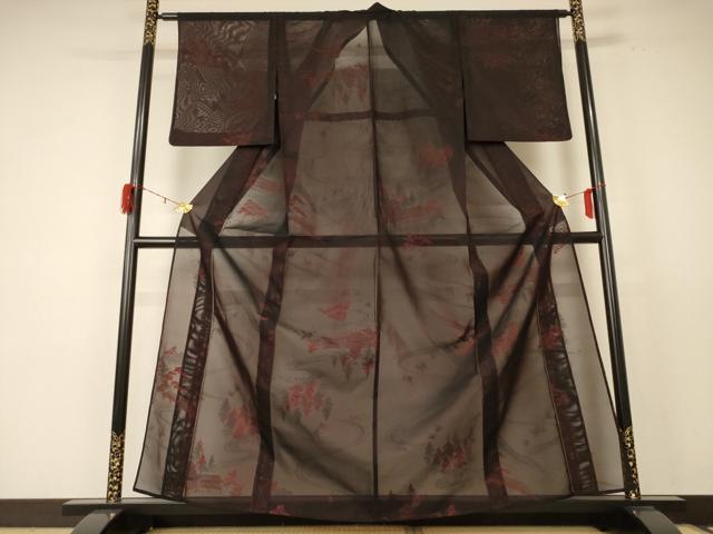 平和屋着物＊夏物 小紋 紗 風景文 正絹 逸品 AABE0606jd