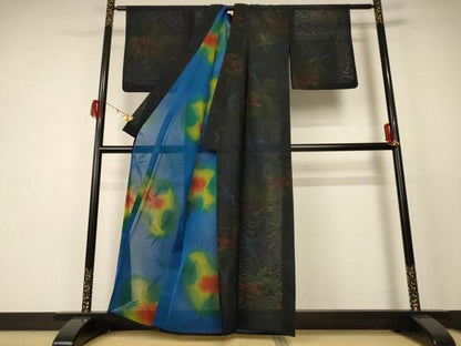 平和屋着物＊夏物 小紋 紗 枝葉文 正絹 逸品 AABE0609jd