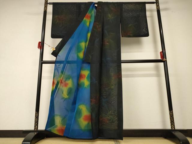 平和屋着物＊夏物 小紋 紗 枝葉文 正絹 逸品 AABE0609jd
