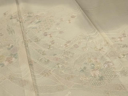 平和屋着物＊夏物　訪問着　紗　中国三大刺繍　スワトウ刺繍　汕頭刺繍　草花文　暈し染め　正絹　逸品　AABE0610jd