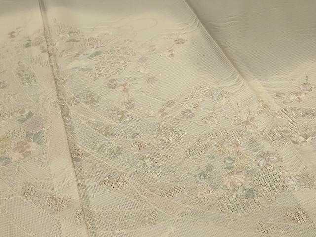 平和屋着物＊夏物　訪問着　紗　中国三大刺繍　スワトウ刺繍　汕頭刺繍　草花文　暈し染め　正絹　逸品　AABE0610jd