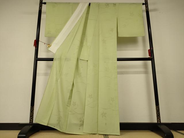 平和屋着物＊夏物 色無地 縦絽 芝花紋紗 若菜色 正絹 逸品