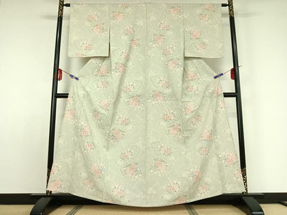 平和屋着物▽本塩沢 単衣 草花文 正絹 逸品 AABE0681jh