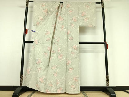 平和屋着物▽本塩沢 単衣 草花文 正絹 逸品 AABE0681jh