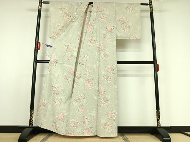 平和屋着物▽本塩沢 単衣 草花文 正絹 逸品 AABE0681jh