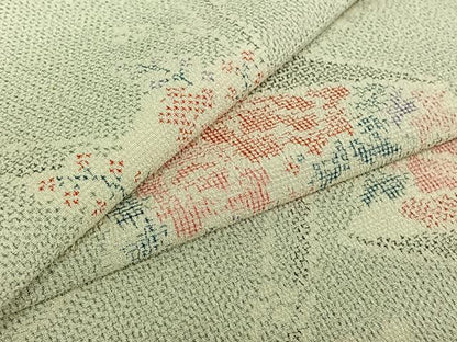 平和屋着物▽本塩沢 単衣 草花文 正絹 逸品 AABE0681jh