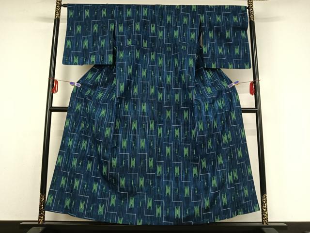 平和屋着物▽上質な紬　単衣　幾何学文様　正絹　逸品　AABE0690jh