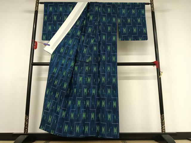 平和屋着物▽上質な紬　単衣　幾何学文様　正絹　逸品　AABE0690jh