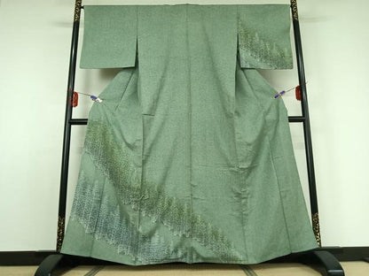 平和屋着物▽訪問着 単衣 紬地 樹林文 正絹 逸品 AABE0691jh