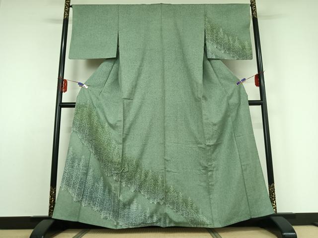 平和屋着物▽訪問着 単衣 紬地 樹林文 正絹 逸品 AABE0691jh