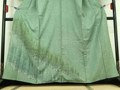 平和屋着物▽訪問着 単衣 紬地 樹林文 正絹 逸品 AABE0691jh