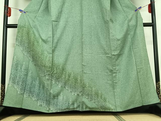 平和屋着物▽訪問着 単衣 紬地 樹林文 正絹 逸品 AABE0691jh