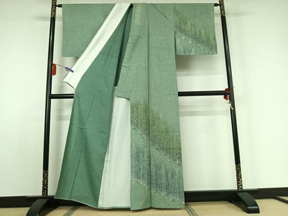 平和屋着物▽訪問着 単衣 紬地 樹林文 正絹 逸品 AABE0691jh