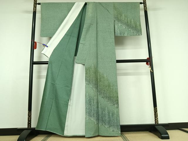 平和屋着物▽訪問着 単衣 紬地 樹林文 正絹 逸品 AABE0691jh
