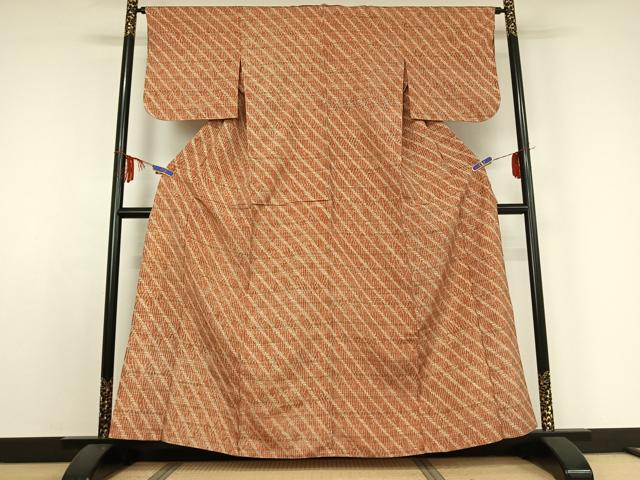 平和屋着物▽上質な紬 単衣 絞り 斜縞 正絹 逸品 AABE0692jh