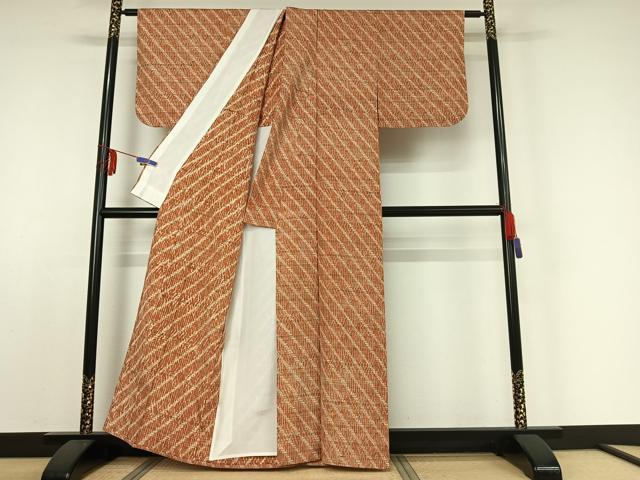 平和屋着物▽上質な紬 単衣 絞り 斜縞 正絹 逸品 AABE0692jh