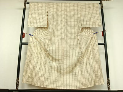 平和屋着物▽上質な紬 単衣 格子 正絹 逸品 AABE0698jh