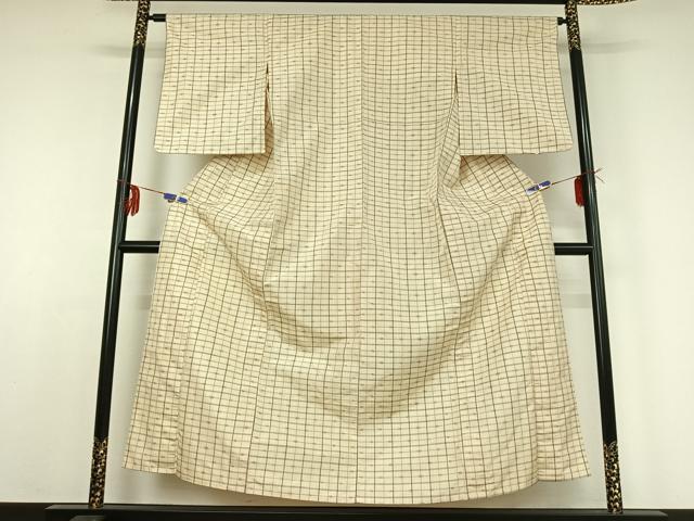 平和屋着物▽上質な紬 単衣 格子 正絹 逸品 AABE0698jh
