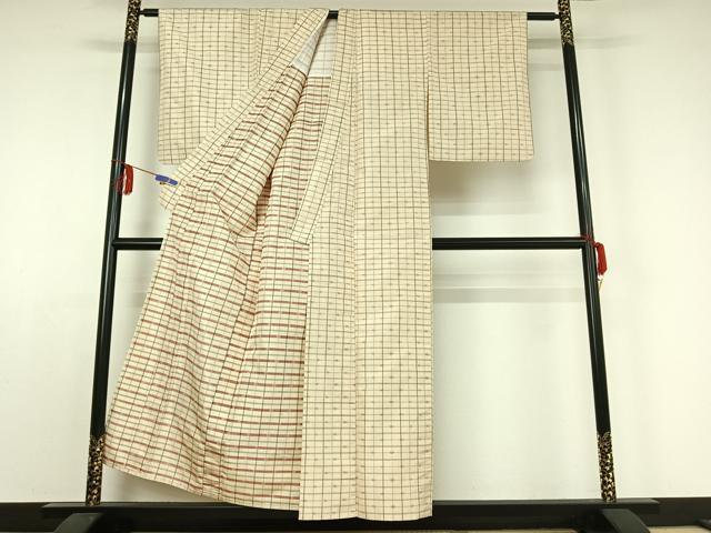 平和屋着物▽上質な紬 単衣 格子 正絹 逸品 AABE0698jh