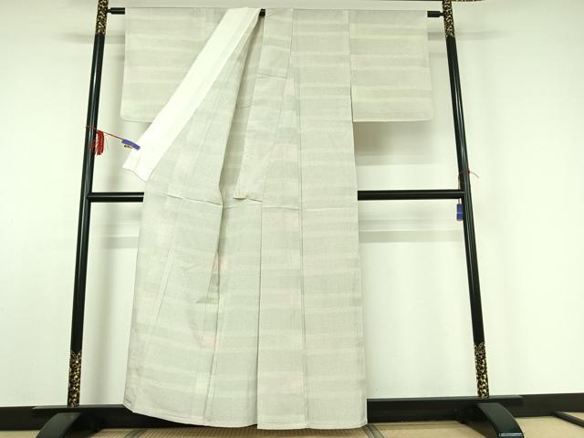 平和屋着物▽本塩沢 単衣 110亀甲 横段文 正絹 逸品 AABE0699jh