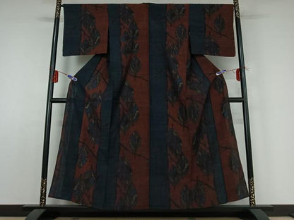 平和屋着物▽上質な紬 単衣 枝葉文 正絹 逸品 AABE0701jh