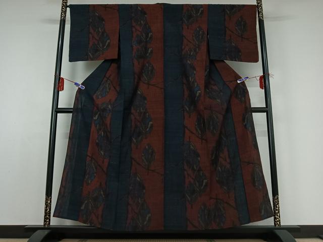平和屋着物▽上質な紬 単衣 枝葉文 正絹 逸品 AABE0701jh
