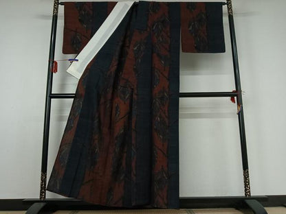 平和屋着物▽上質な紬 単衣 枝葉文 正絹 逸品 AABE0701jh
