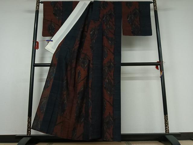 平和屋着物▽上質な紬 単衣 枝葉文 正絹 逸品 AABE0701jh