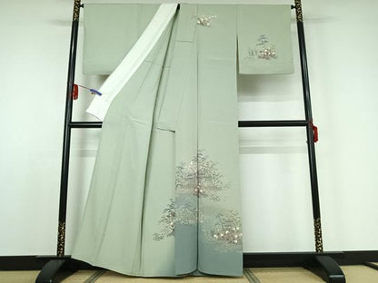 平和屋着物▽訪問着 単衣 風景花文 暈し染め 金銀彩 正絹 逸品 AABE0702jh