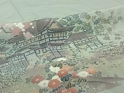 平和屋着物▽訪問着 単衣 風景花文 暈し染め 金銀彩 正絹 逸品 AABE0702jh