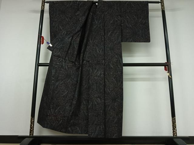 平和屋着物▽薩摩結城 単衣 草花文 正絹 逸品 AABE0706jh