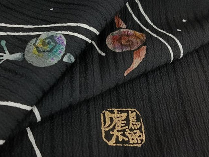 平和屋着物▽日本のお笑いタレント 俳優 画家 書家 片岡鶴太郎 訪問着 単衣 蝸牛 黒地 正絹 逸品 AABE0707jh