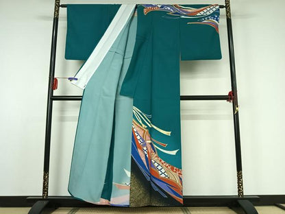 平和屋着物▽訪問着　単衣　束ね熨斗文　金彩　洗える着物　AABE0711jh