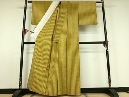 平和屋着物▽上質な紬 単衣 縞 正絹 逸品 AABE0717jh