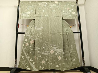 平和屋着物●訪問着 絞り 刺繍 草花文 金彩 正絹 逸品 AABE0735ph