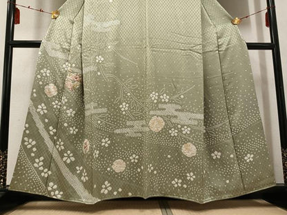 平和屋着物●訪問着 絞り 刺繍 草花文 金彩 正絹 逸品 AABE0735ph