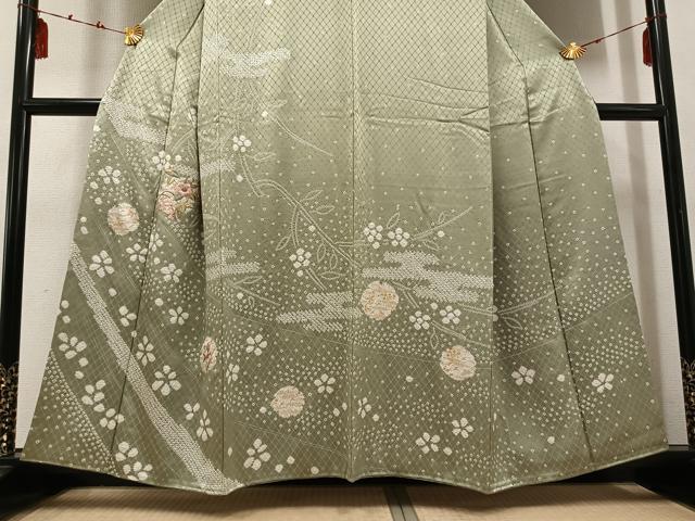 平和屋着物●訪問着 絞り 刺繍 草花文 金彩 正絹 逸品 AABE0735ph