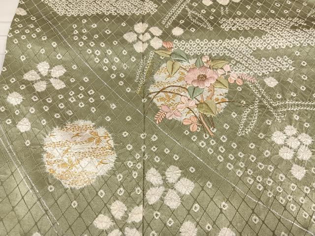 平和屋着物●訪問着 絞り 刺繍 草花文 金彩 正絹 逸品 AABE0735ph