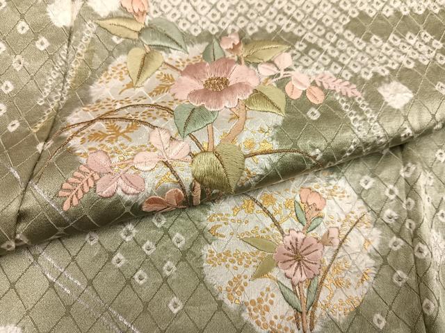 平和屋着物●訪問着 絞り 刺繍 草花文 金彩 正絹 逸品 AABE0735ph