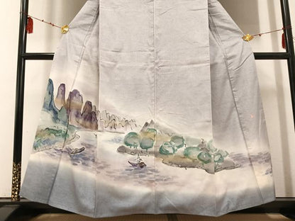 平和屋着物●訪問着　作家物　紬地　手描き　人物風景文　暈し染め　金銀彩　正絹　逸品　AABE0746ph